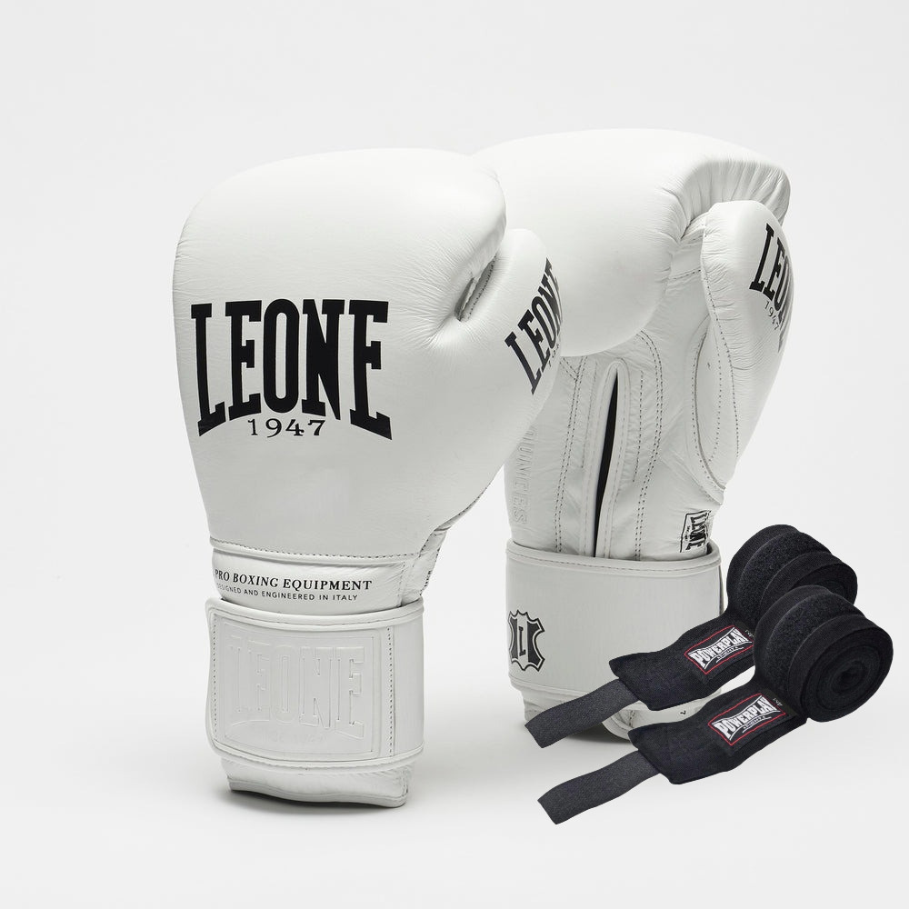 Боксерські рукавиці Leone GN111 THE GREATEST White 16 унцій (бинти 4 м. в комплекті) — фото 1