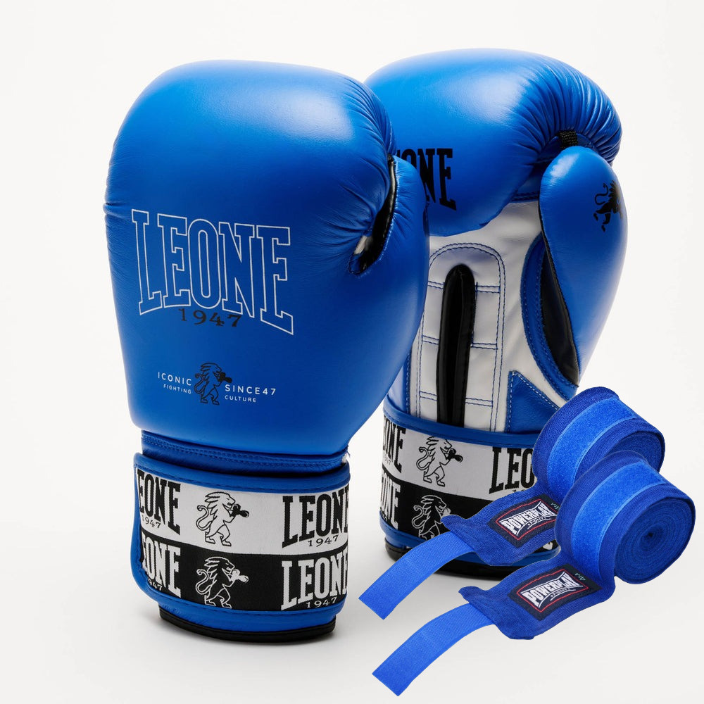 Боксерські рукавиці Leone GN208 ICONIC Blue 10 унцій (бинти 4 м. в комплекті) — фото 1