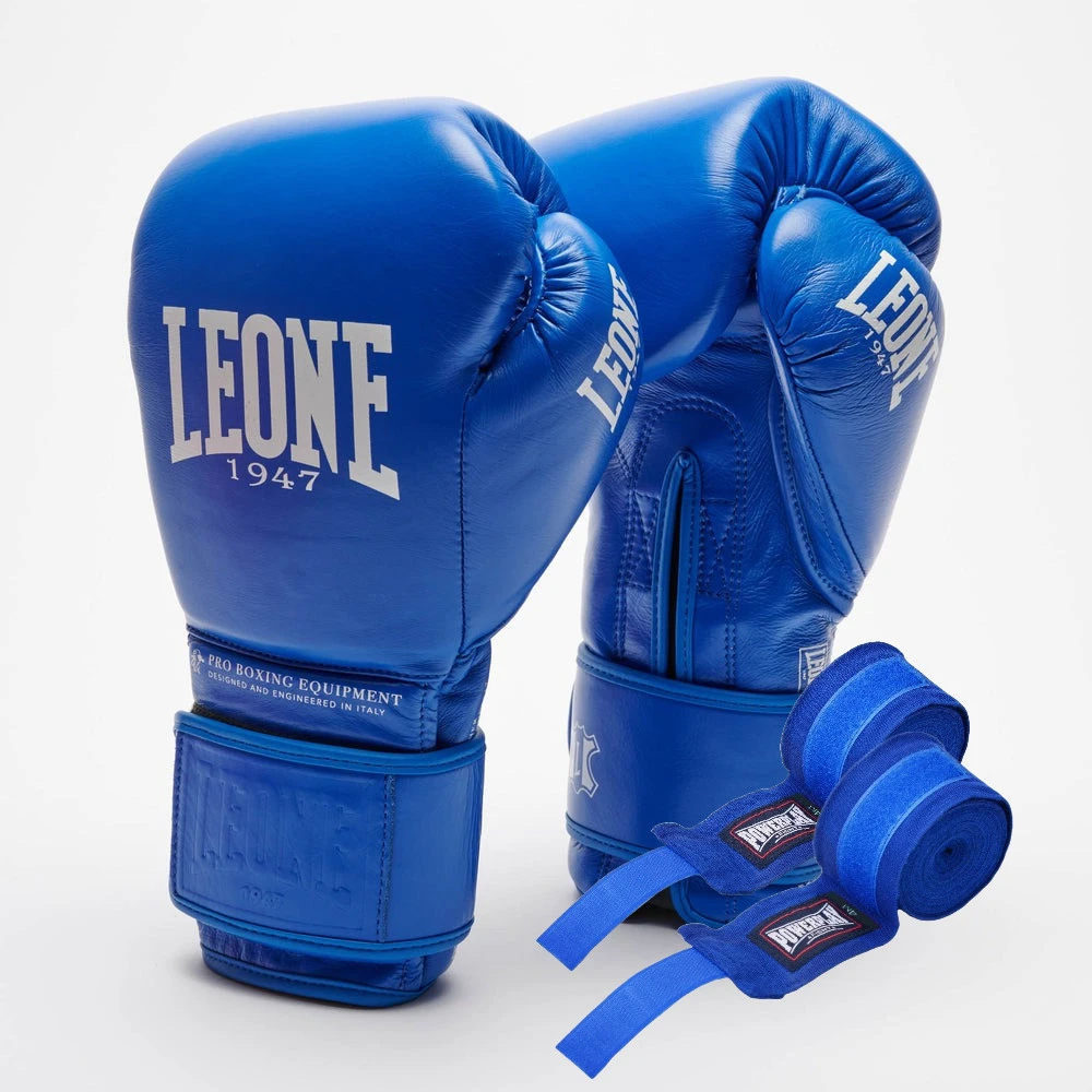Боксерські рукавиці Leone GN111 THE GREATEST Blue 10 унцій (бинти 4 м. в комплекті) — фото 1