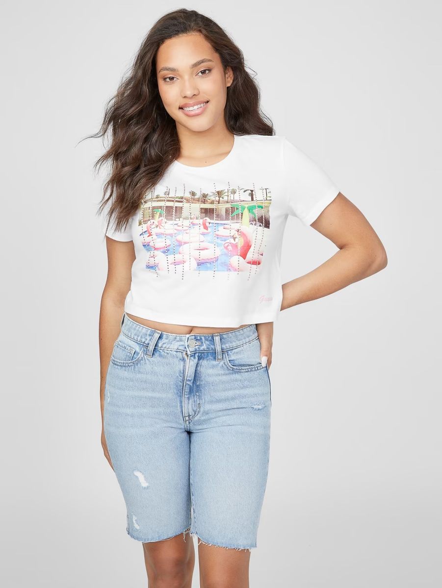Жіноча укорочена футболка GUESS з принтом та стразами 1159783459 — фото 1
