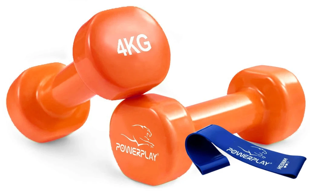 Гантелі вінілові PowerPlay 4125 Achilles 2*4 кг. Помаранчеві (пара - 2шт.) + Резинка для фітнесу 7,5кг — фото 1