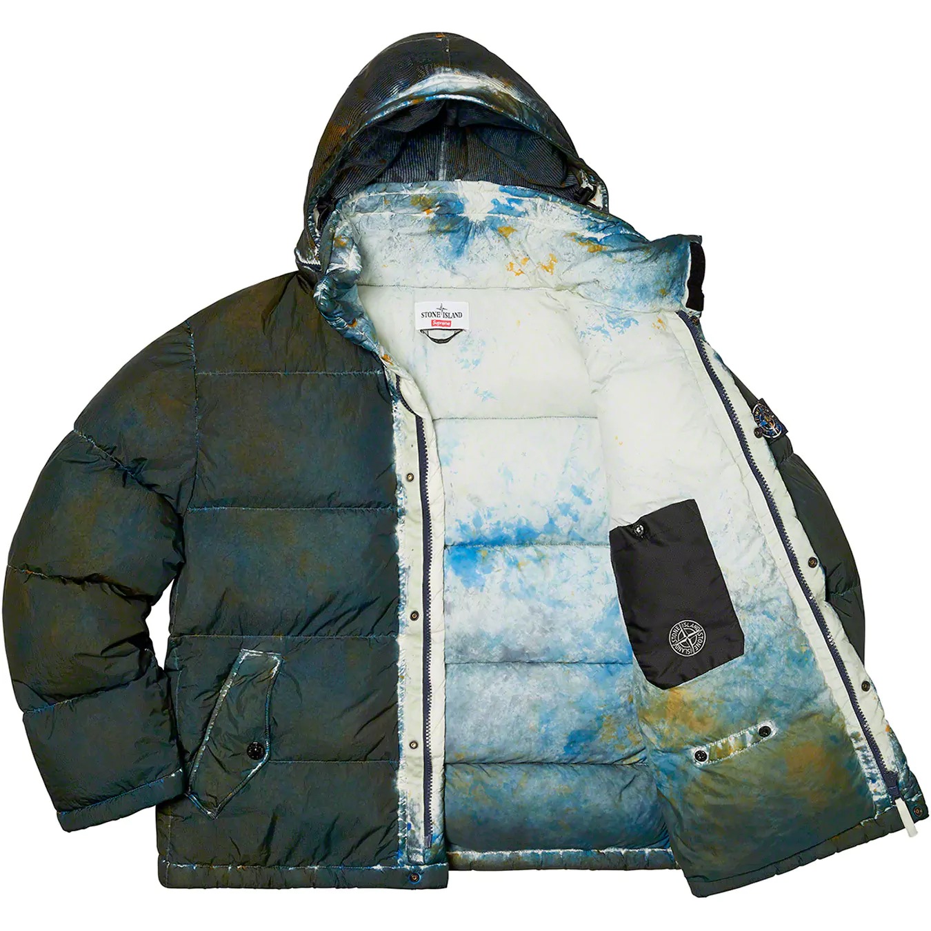 Куртка Supreme®/Stone Island® Painted Camo Crinkle Down Jacket Dark Teal — фото 1