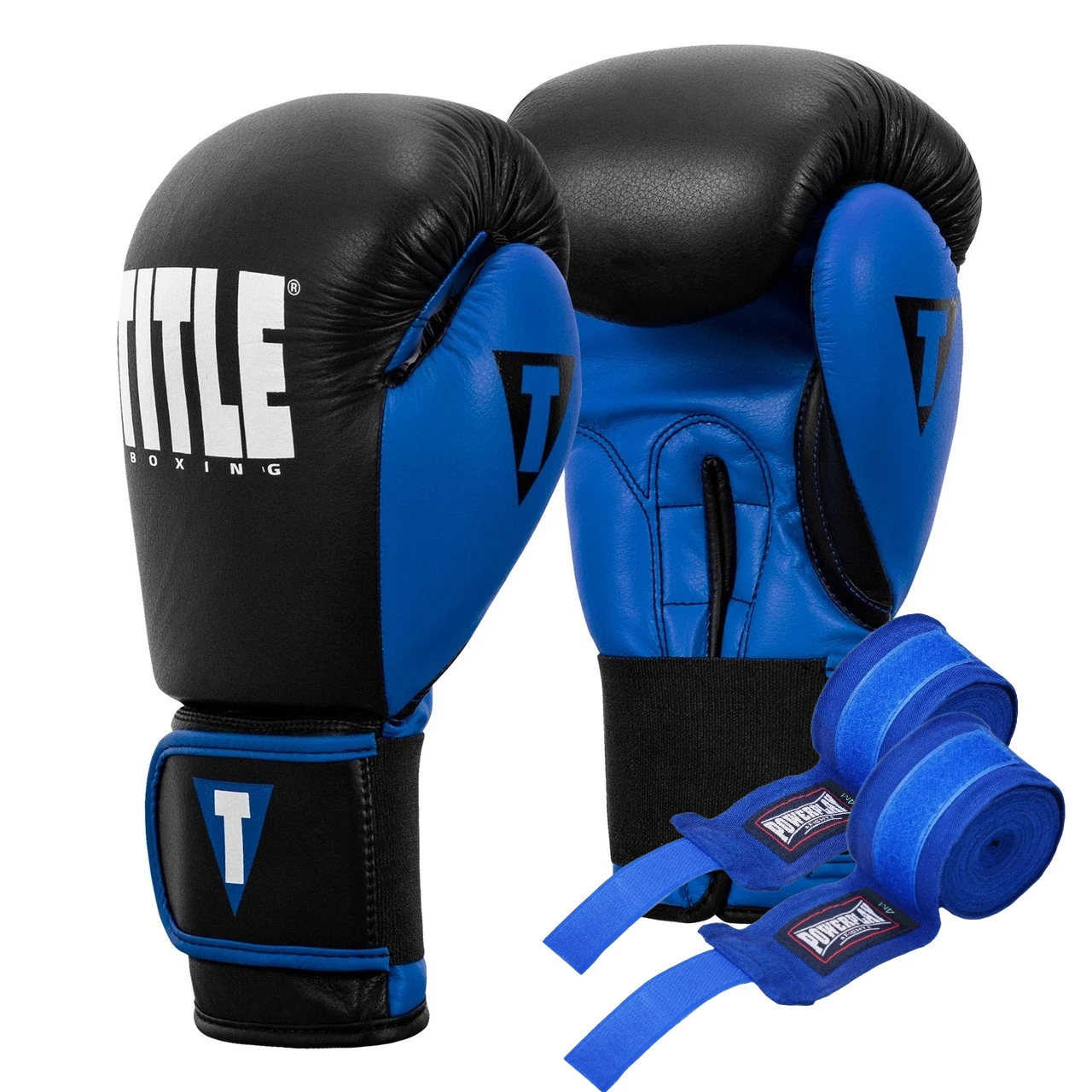 Боксерські рукавиці TITLE Boxing Dynamic Strike Black/Blue 12 oz (бинти 4м. у комплекті) — фото 1