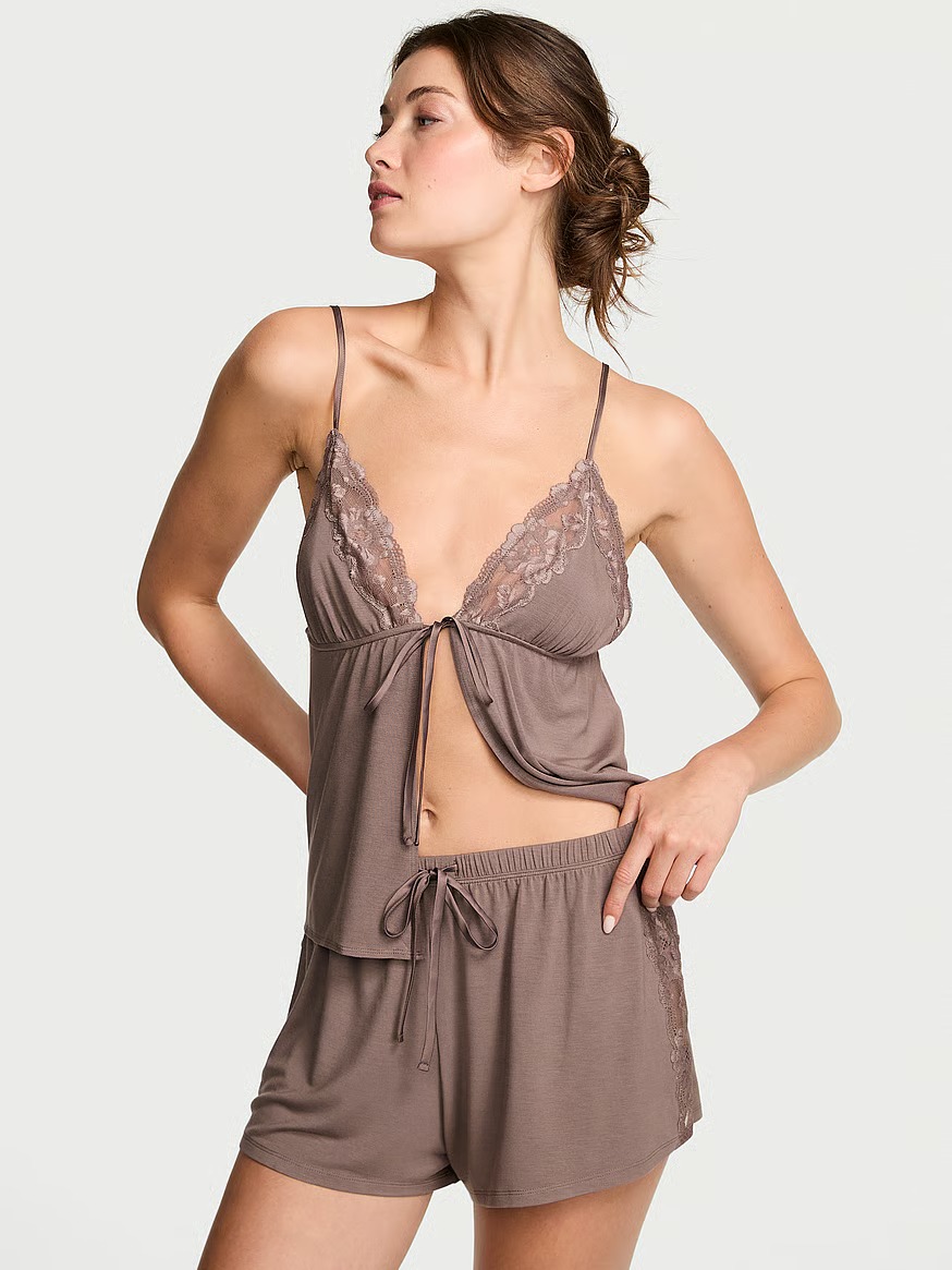 Легкий піжамний комплект з мереживними вставками Victoria's Secret майка та шортики 1159852785 (Коричневий XS) — фото 1