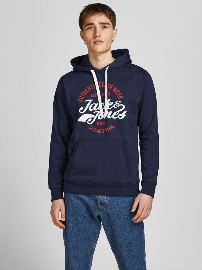 Толстовка JJBRAT SWEAT HOOD 12201406-Navy Blazer-Print:True Red. White Jack & Jones S Темно-синій — фото 3