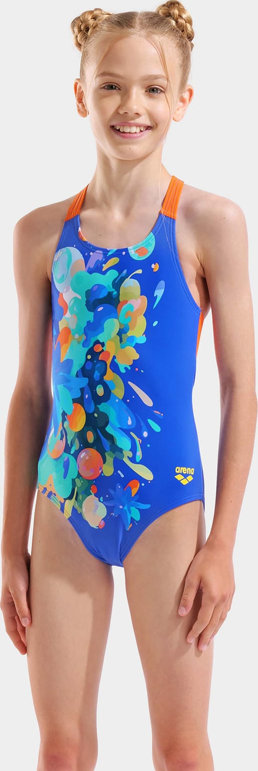 Купальник для дівчаток Arena PAINTING SWIMSUIT V BACK синій, помаранчевий 128 см (010744-830) — фото 1
