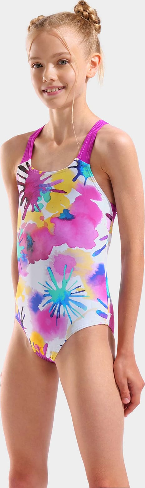 Купальник закритий для дівчат Arena SPRAYING SWIMSUIT SWIM PRO BAC білий, рожевий 128 см — фото 1