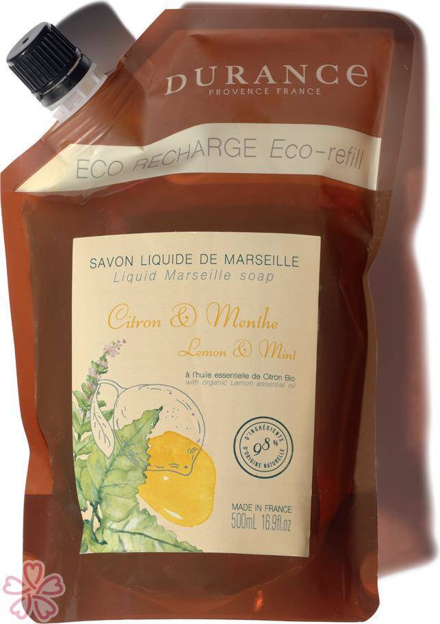 Запасная эко упаковка натурального жидкого мыла Durance Eco-Refill Liquid Marseille Soap 500 мл Лимон і М'ята — фото 3