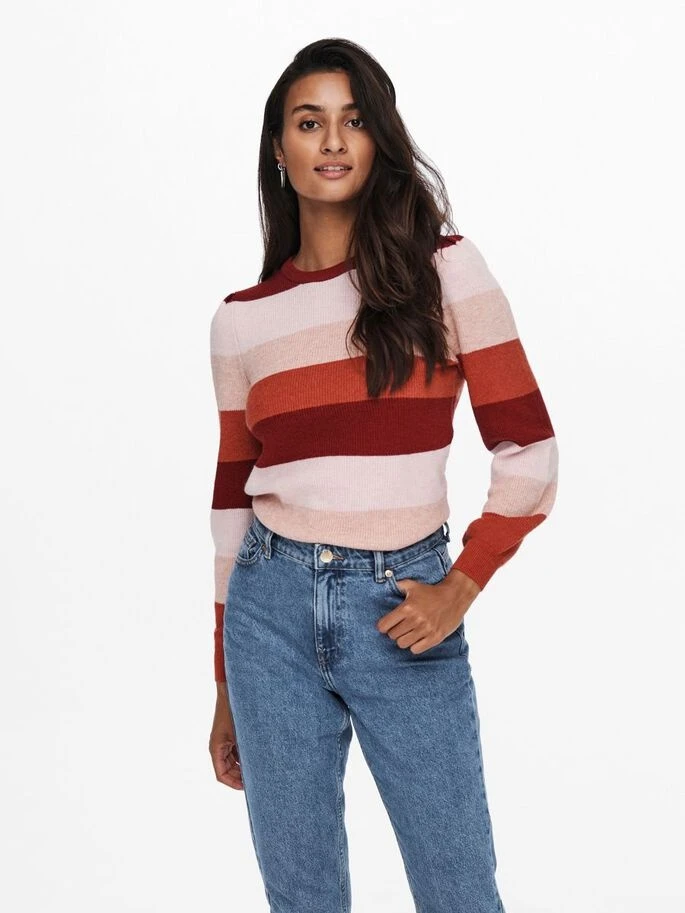 Пуловер ONLKATIA L/S STRIPE PULLOVER CC KNT 15231260-Merlot-Stripes:W. SEPIA ROSE/ROSE SMOKE M ONLY S Червоний — фото 5