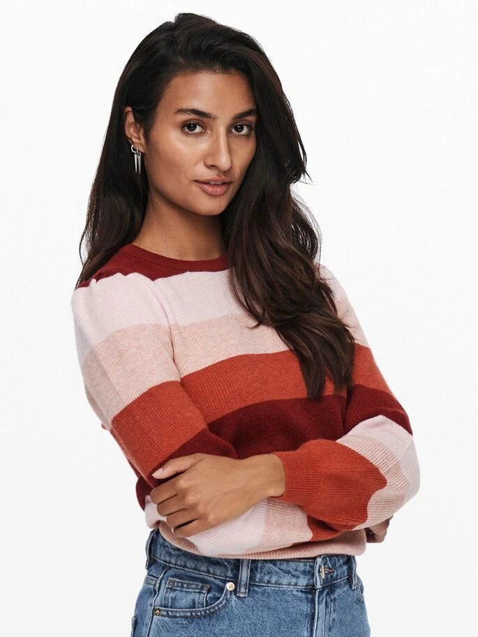 Пуловер ONLKATIA L/S STRIPE PULLOVER CC KNT 15231260-Merlot-Stripes:W. SEPIA ROSE/ROSE SMOKE M ONLY S Червоний — фото 7