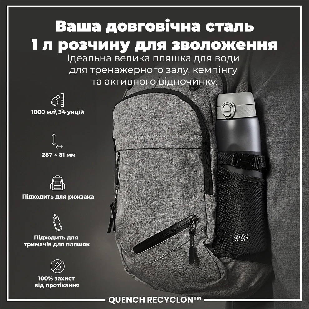 Пляшка для води ION8 1000 мл. (ЕКО пляшка) BPA Free, Grey — фото 5