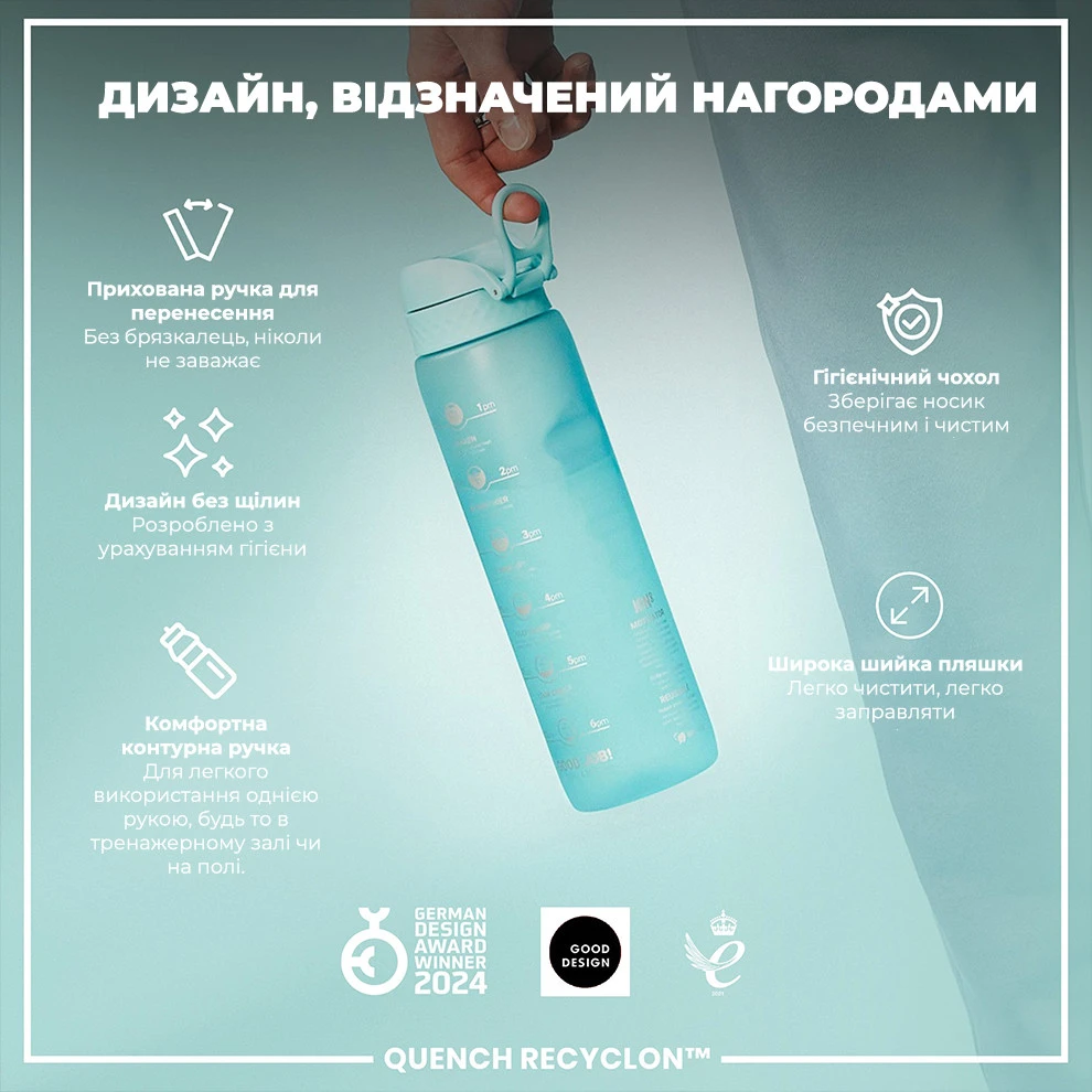 Пляшка для води ION8 1000 мл. BPA Free, Times To Drink, (ЕКО пляшка) BPA Free, Sonic Blue — фото 4