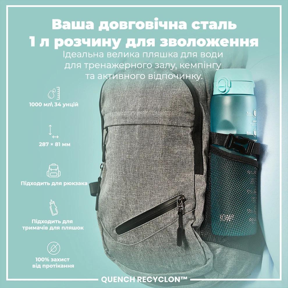 Пляшка для води ION8 1000 мл. BPA Free, Times To Drink, (ЕКО пляшка) BPA Free, Sonic Blue — фото 5