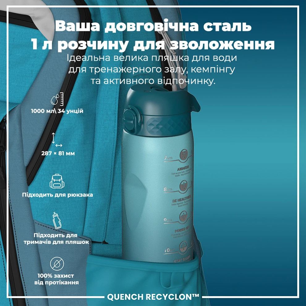 Пляшка для води ION8 1000 мл. BPA Free, Times To Drink, (ЕКО пляшка) BPA Free, Teal & Blue — фото 5