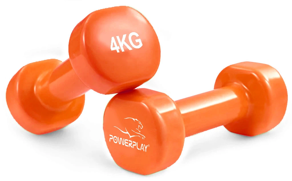 Гантелі вінілові PowerPlay 4125 Achilles 2*4 кг. Помаранчеві (пара - 2шт.) + Резинка для фітнесу 7,5кг — фото 2