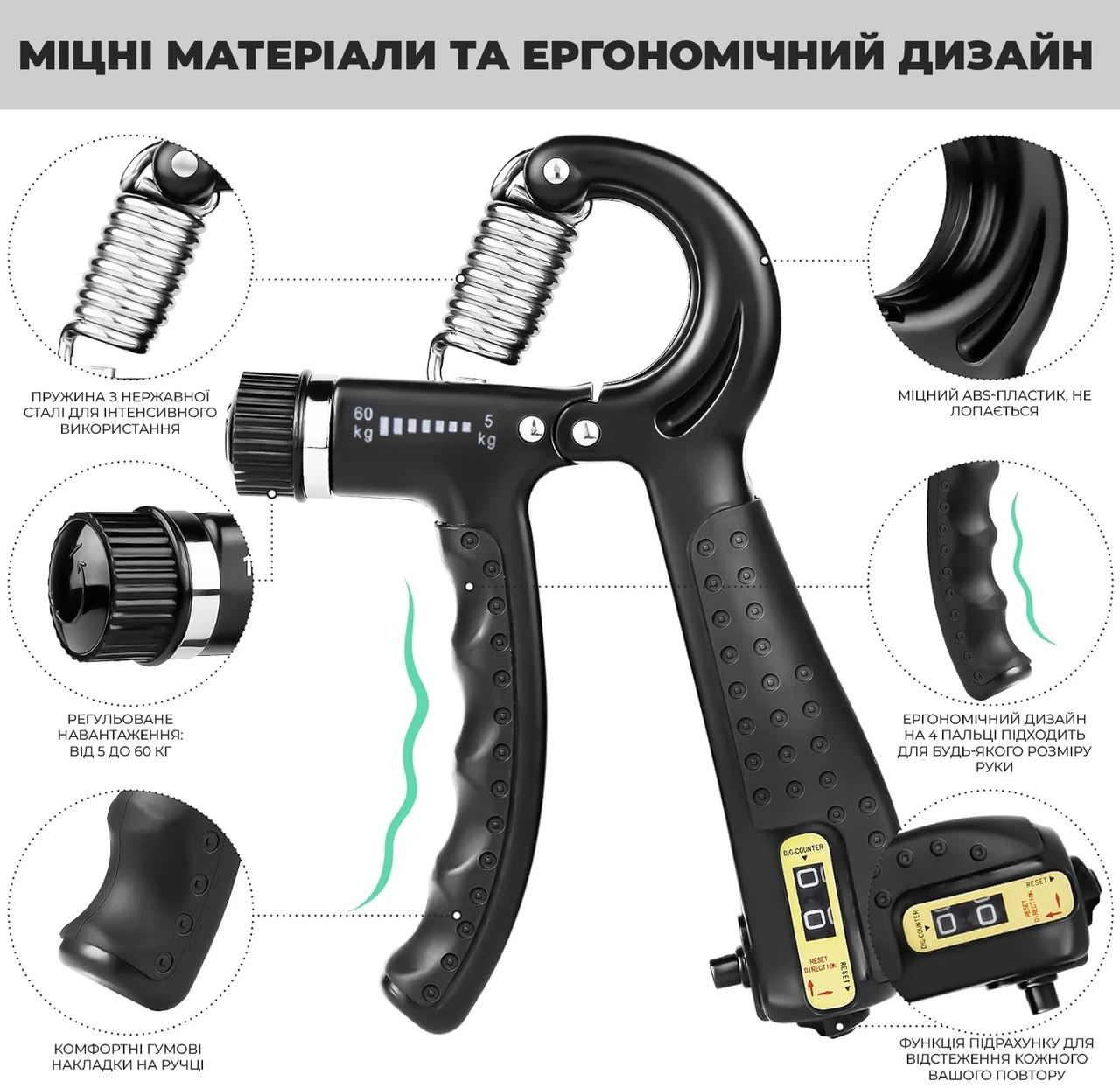 Еспандер кистьовий з лічильником PowerPlay PP-4402 з регульованим навантаженням 10-60 кг. Чорний — фото 2