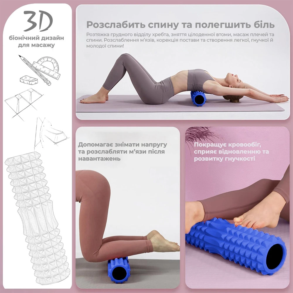 Масажний ролик (роллер) PowerPlay 4405 EVA Massage Roller Синій (33x12см.) — фото 5