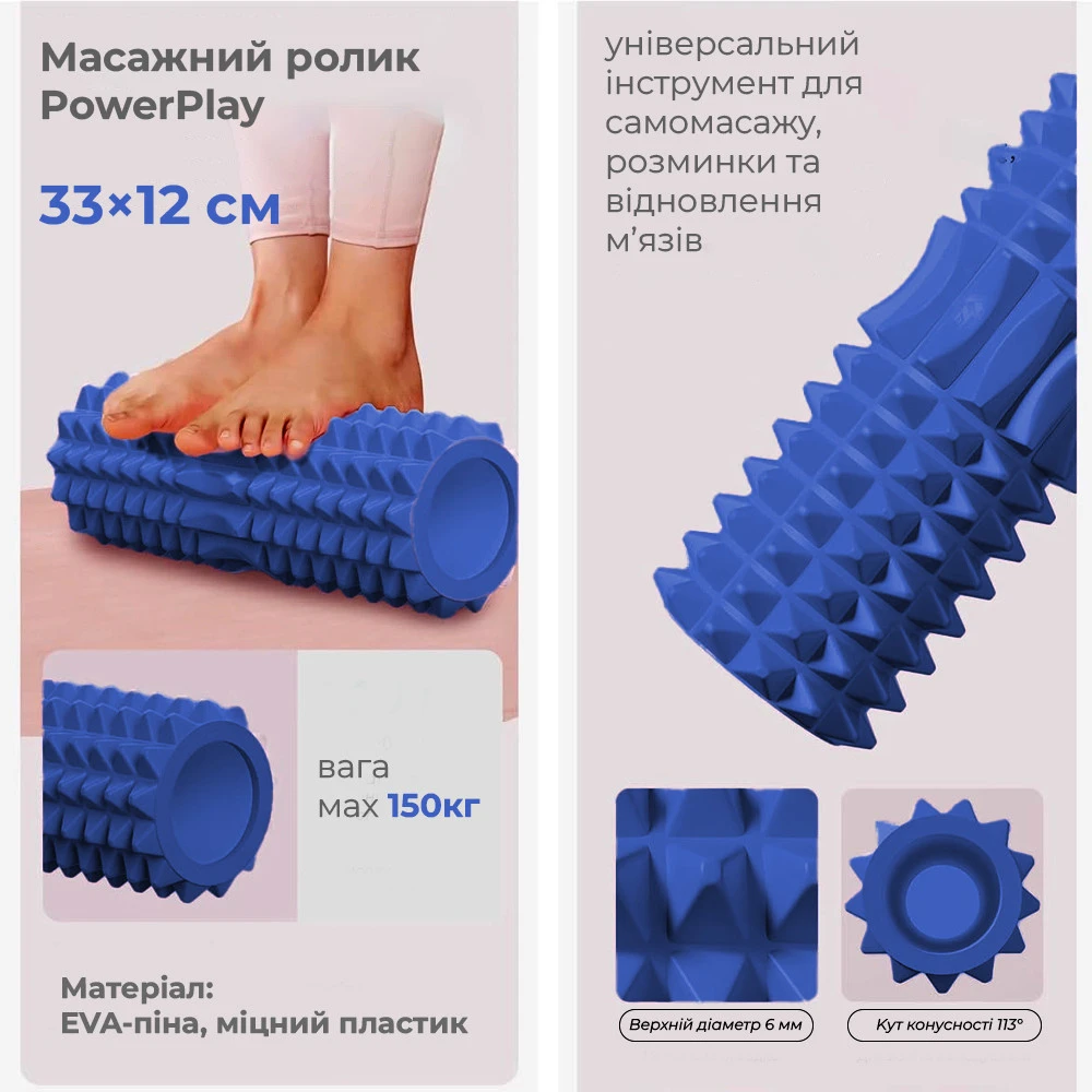 Масажний ролик (роллер) PowerPlay 4405 EVA Massage Roller Синій (33x12см.) — фото 6