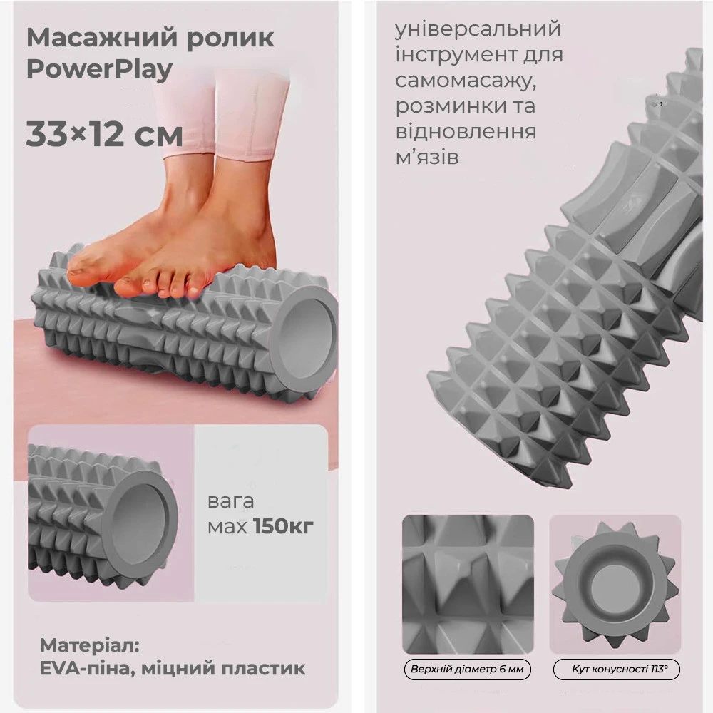 Масажний ролик (роллер) PowerPlay 4405 EVA Massage Roller Сірий (33x12см.) — фото 6