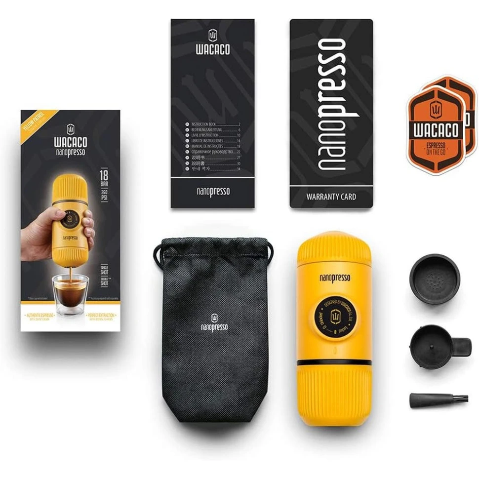 Портативна еспресо-кавоварка Wacaco Nanopresso жовта, механічна, для меленої кави — фото 5