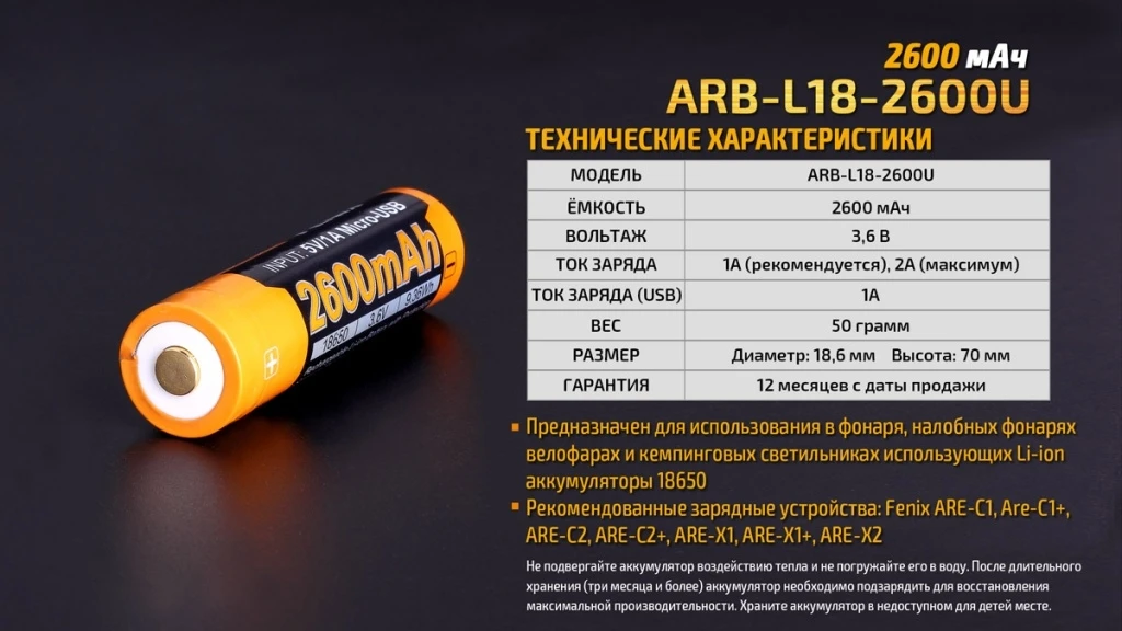 Акумулятор 18650 Fenix (2600 mAh) micro usb зарядка — фото 13