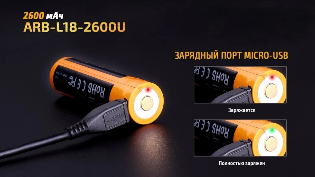 Акумулятор 18650 Fenix (2600 mAh) micro usb зарядка — фото 7