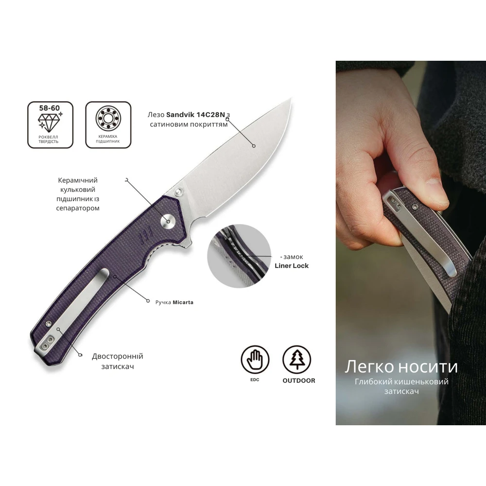 Ніж складаний туристичний Civivi Merit, (8.3 см) 14C28N / Micarta чорний — фото 13