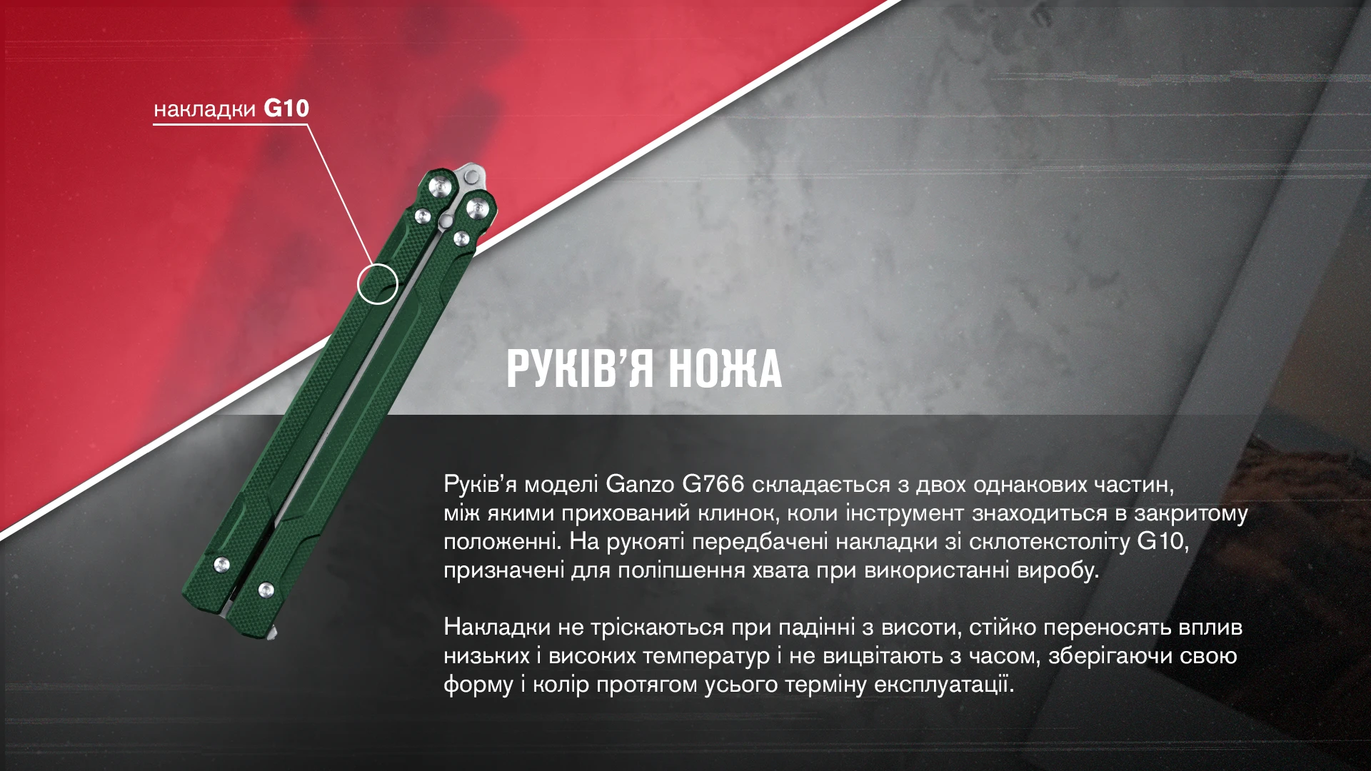 Нiж метелик (балiсонг) Ganzo G766 (8.9 см) 440С / G10 зелений — фото 15