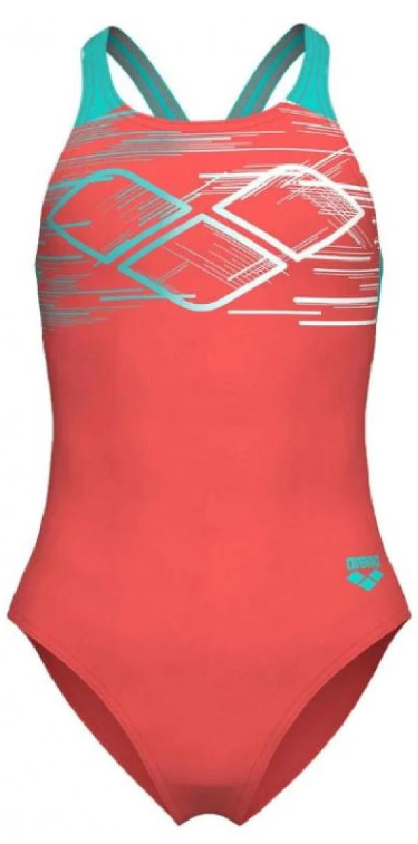 Купальник для дівчат Arena PASTIME SWIMSUIT V BACK моркв'яний, бірюзовий, білий Діт 116 см — фото 1