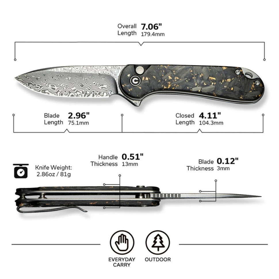 Ніж складаний кишеньковий Civivi Elementum II, (7.5 см) Damascus / Carbon Fiber & Resin — фото 9