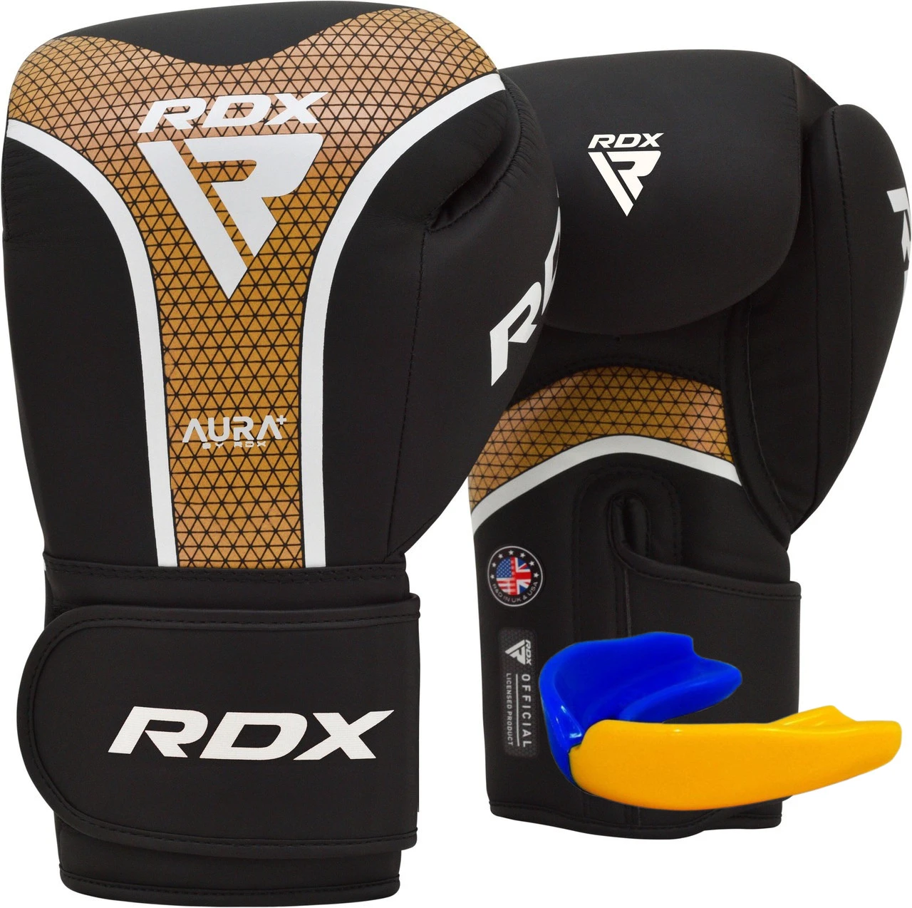 Боксерські рукавиці RDX AURA PLUS T-17 Black Golden 12 унцій (капа в комплекті) — фото 1
